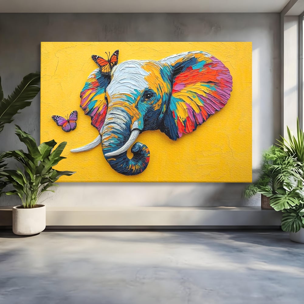 Tablou canvas cu tablou canvas cu elefant colorat si fluturi, fara rama, pe sasiu de lemn